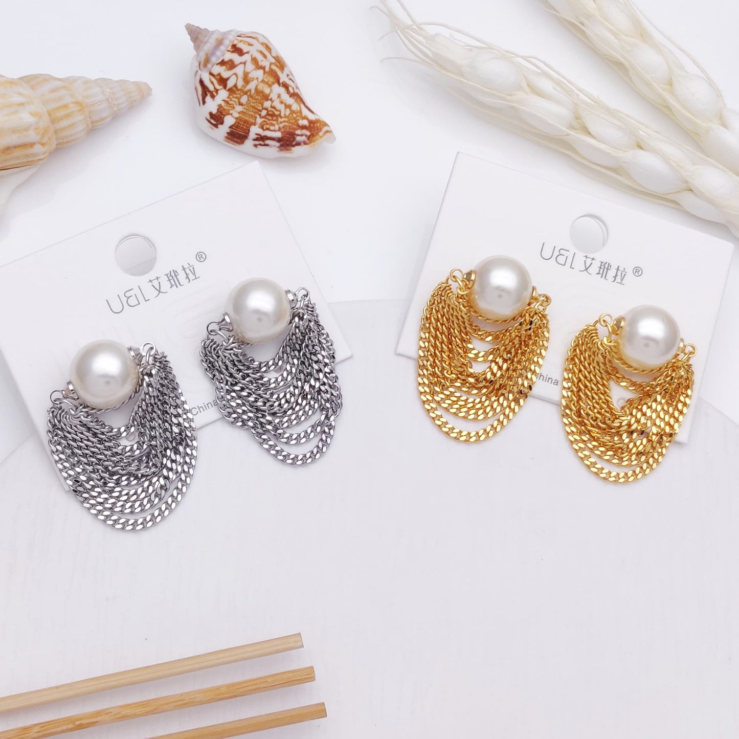 Layered Chain Pearl Earrings