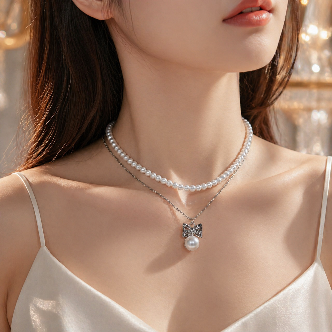 Layered Pearl Bow Necklace