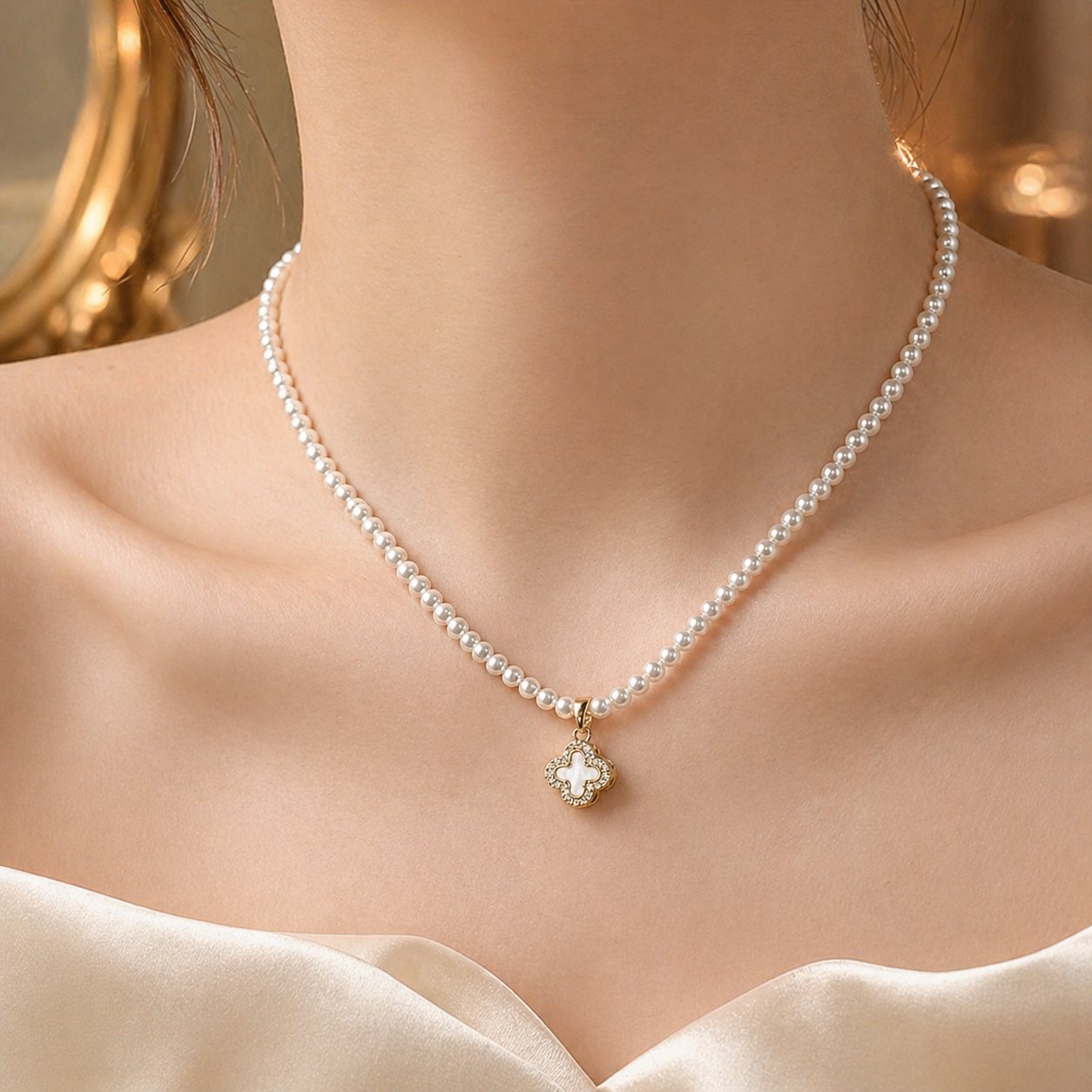 Clover Charm Pearl Necklace