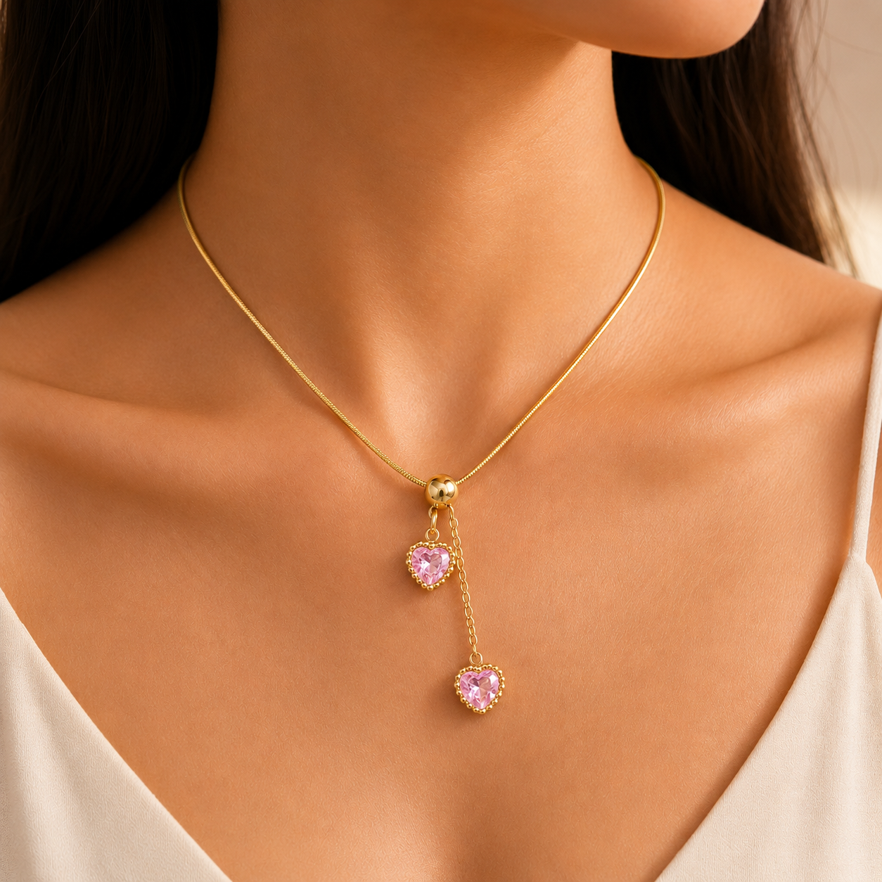 Double Heart Drop Necklace
