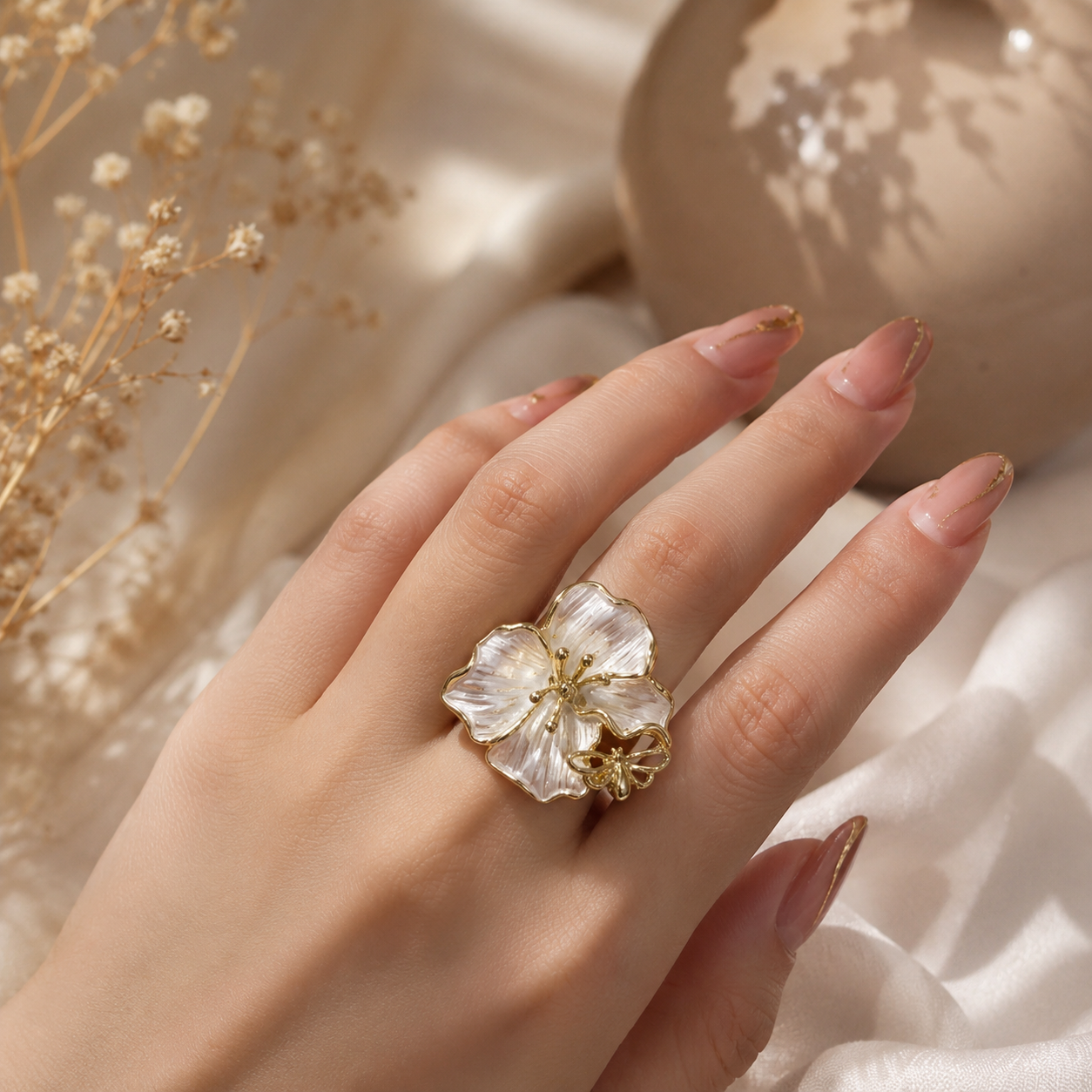 White Floral Bee Adjustable Ring