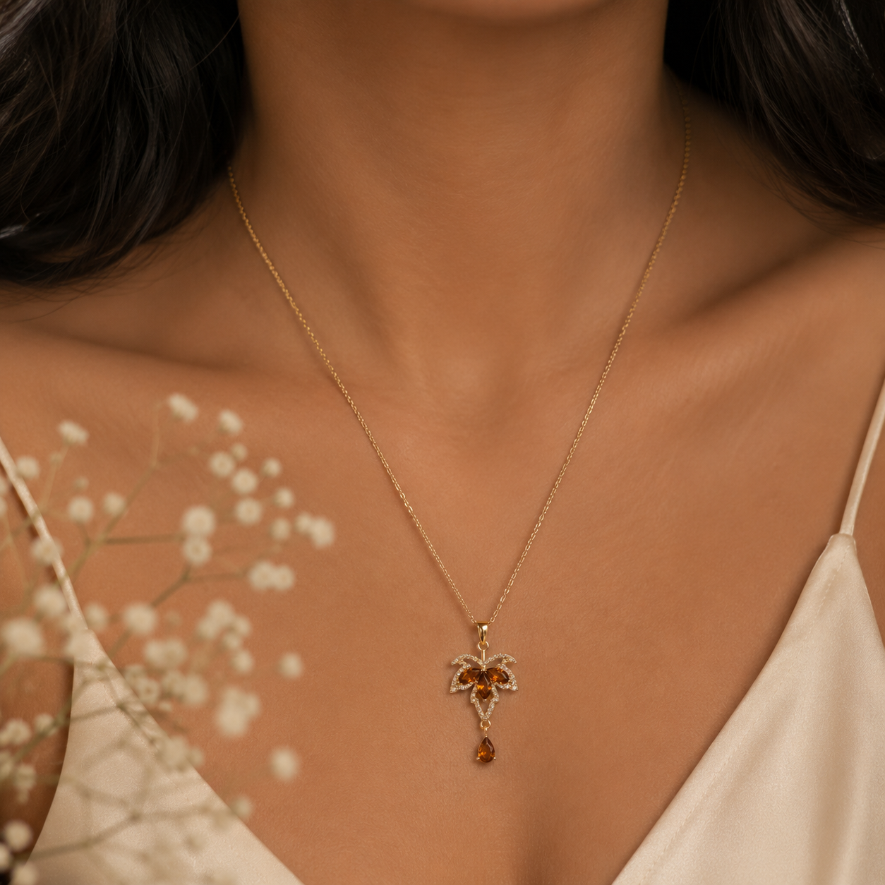 Amber Leaf Crystal Pendant Necklace