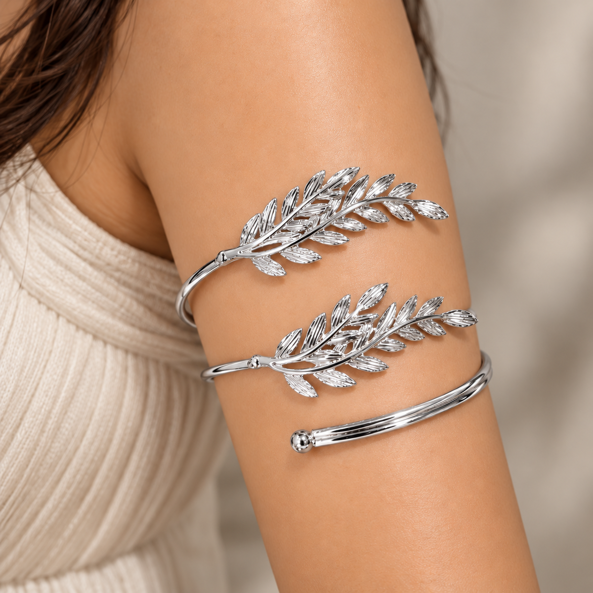 Double Leaf Silver Arm Cuff