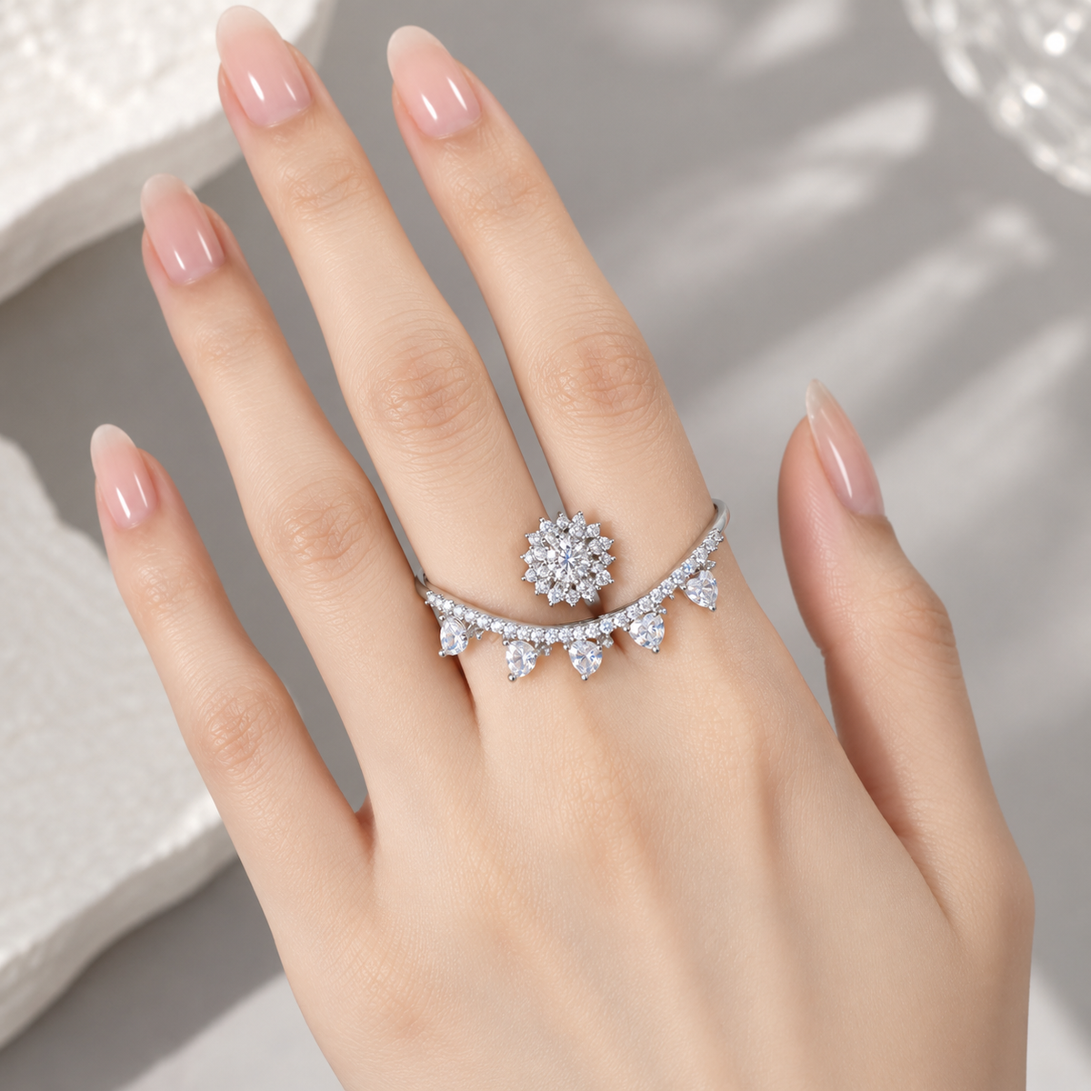 Floral Drop Double Finger Ring