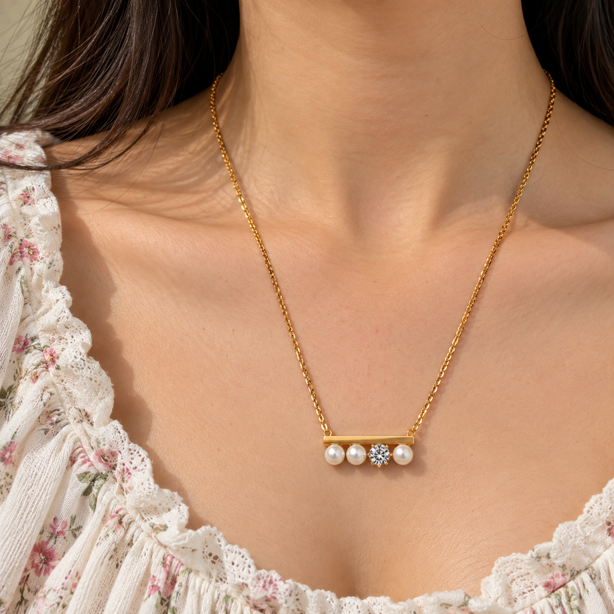 Pearl Crystal Bar Necklace