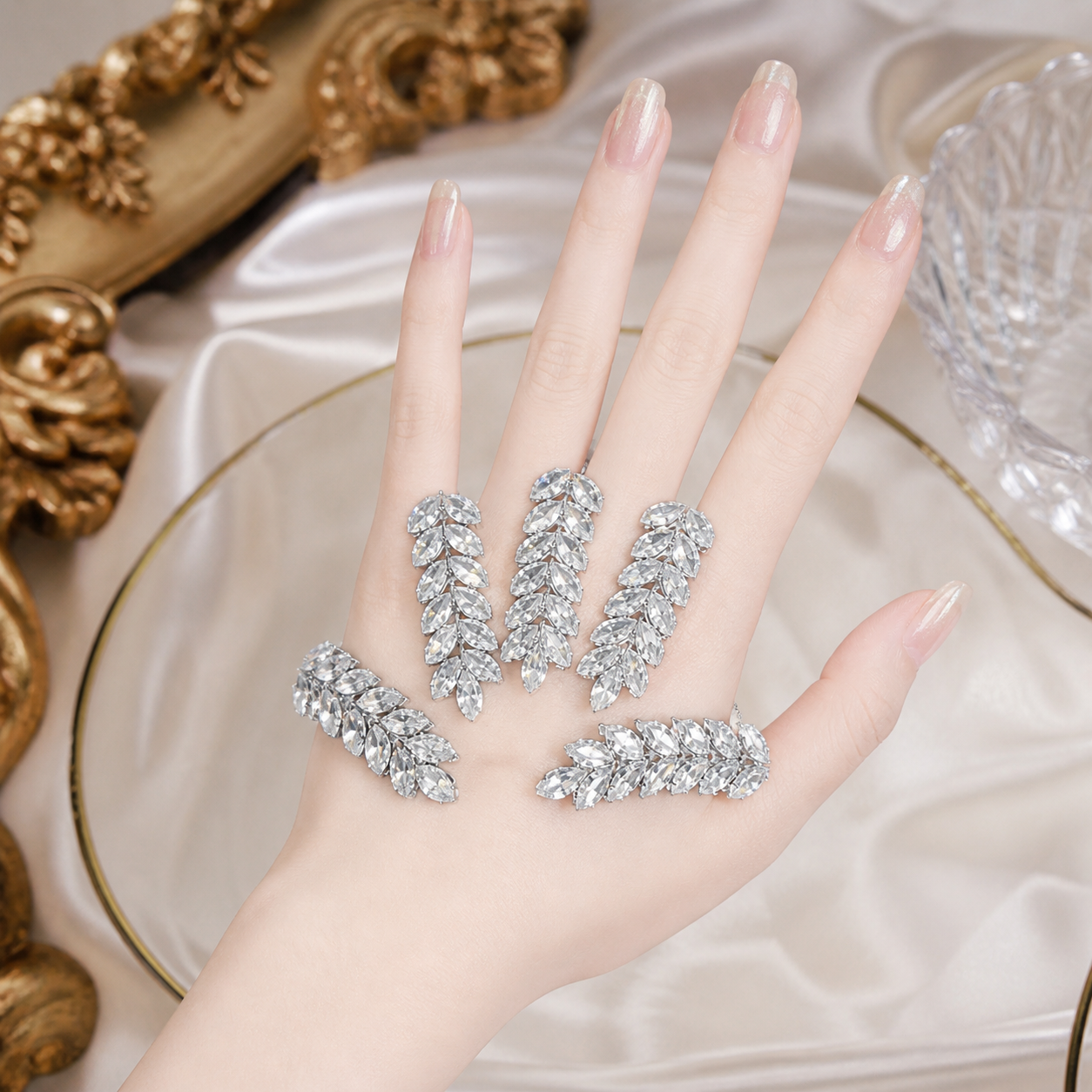 Leaf Design Crystal Palm Ring