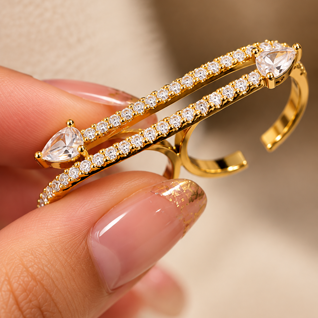 Crystal Bar Double Finger Ring