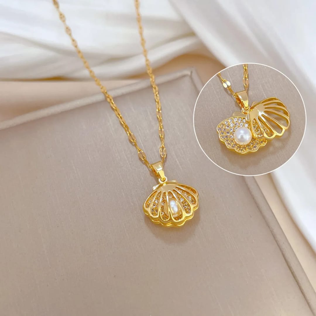 Golden Shell Pearl Charm Necklace