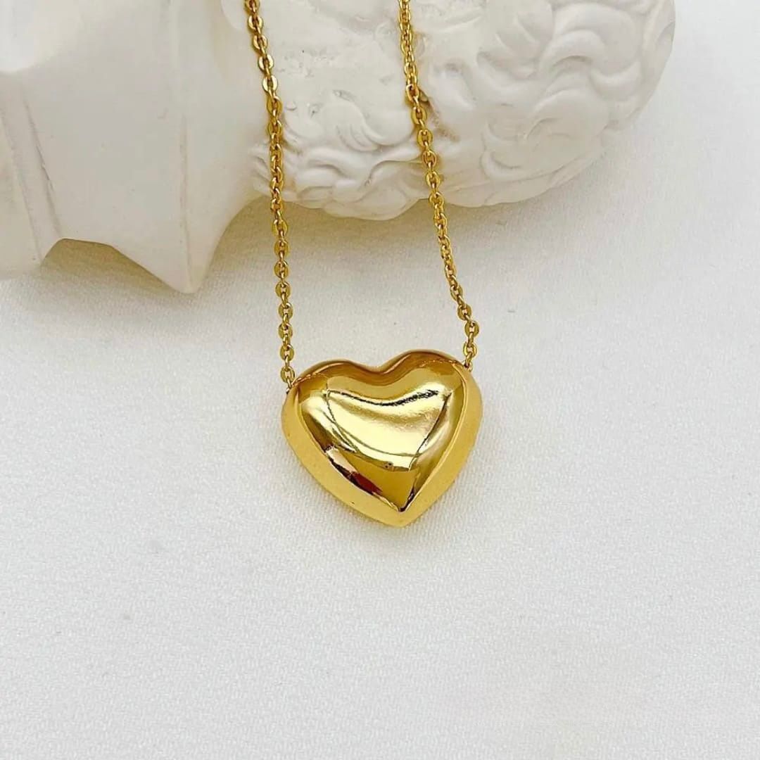 Puffy Gold Heart Pendant Necklace