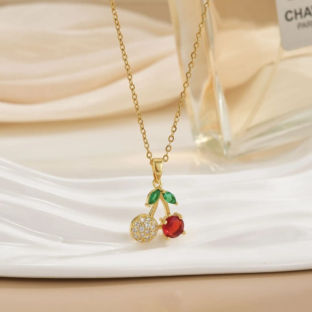 Cherry Crystal Gold Pendant Necklace