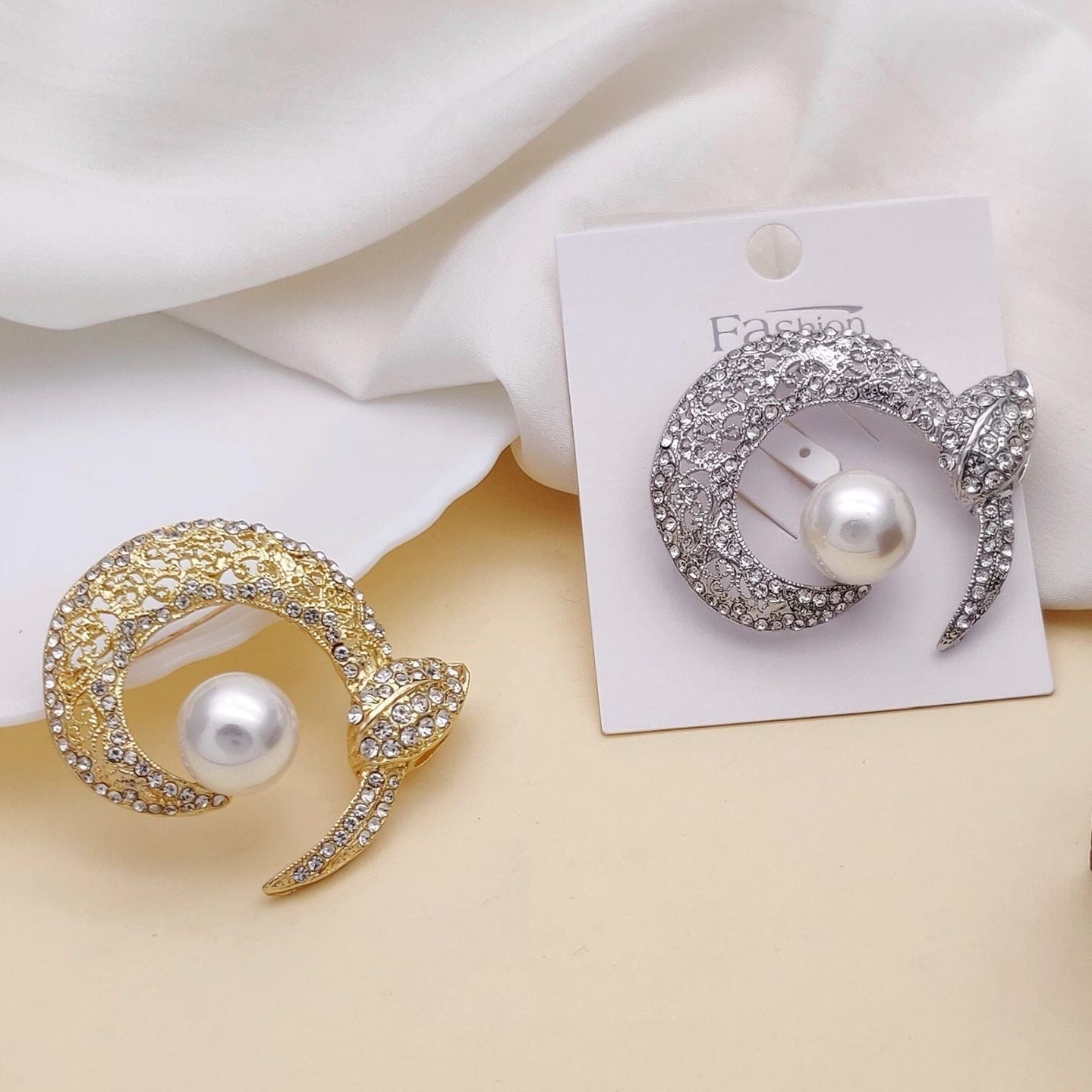 Pearl Crescent Crystal Brooch