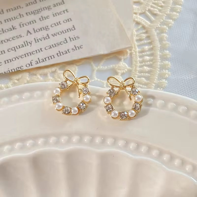 Pearl Crystal Bowknot Earrings
