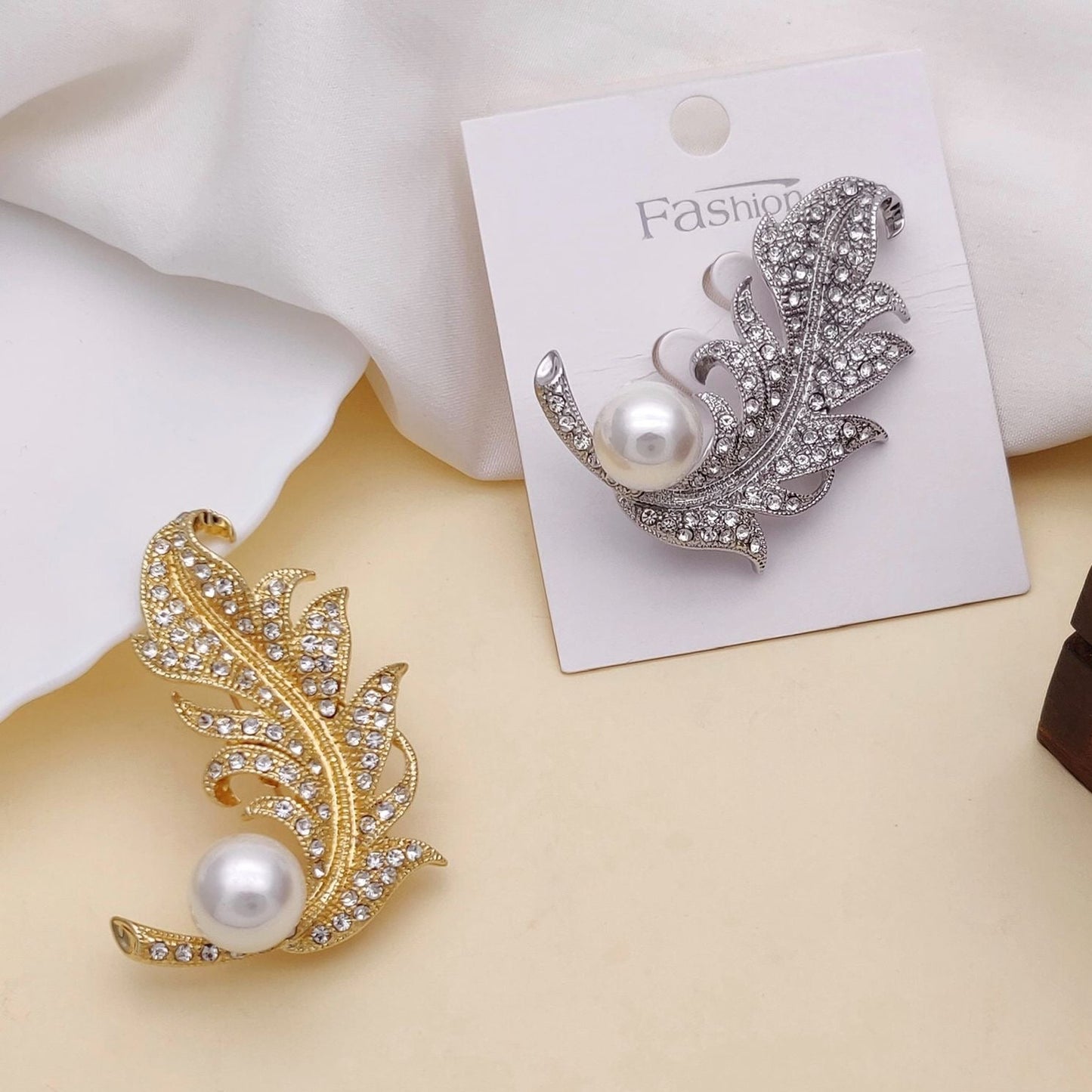 Crystal Feather Pearl Brooch