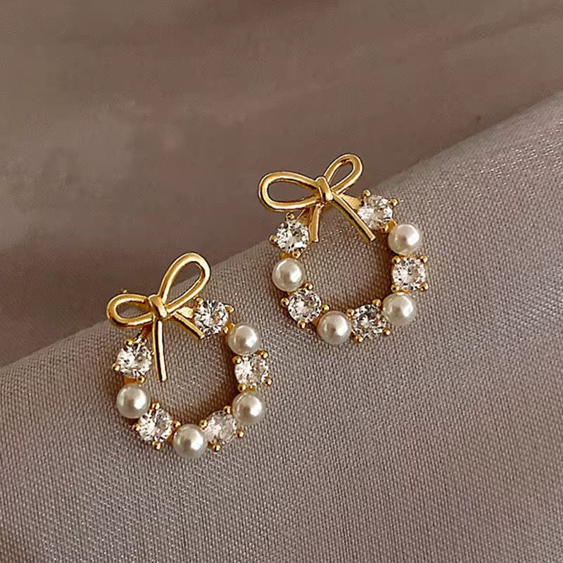Pearl Crystal Bowknot Earrings