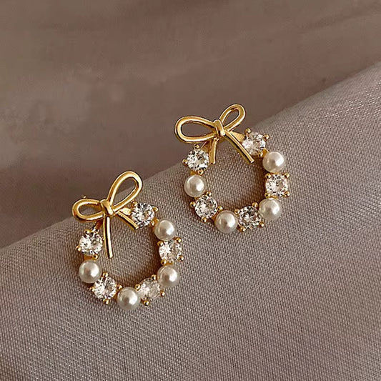 Pearl Crystal Bowknot Earrings