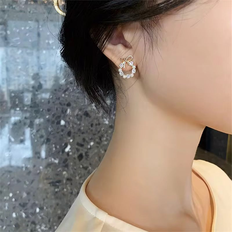 Pearl Crystal Bowknot Earrings