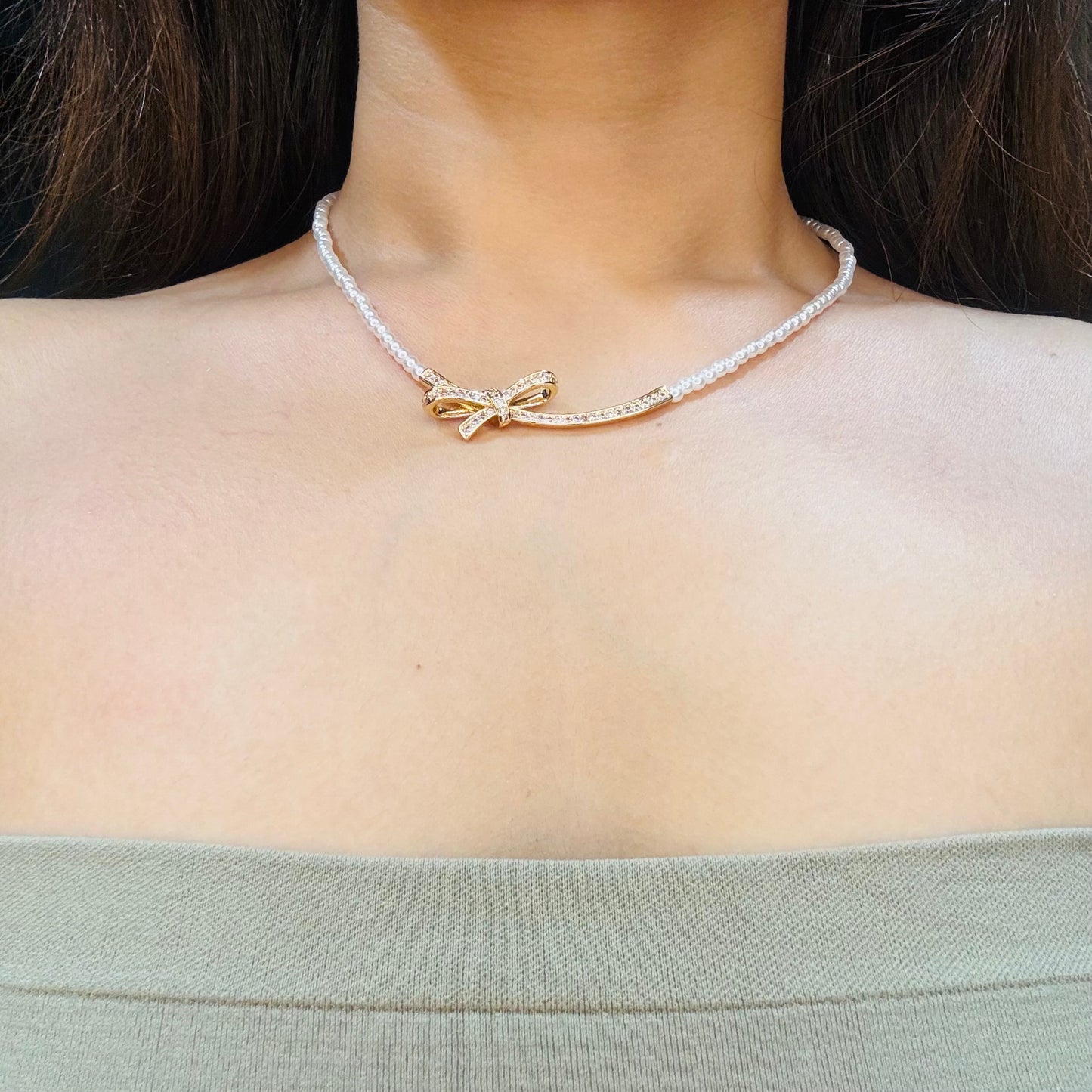 Bow Zircon Pearl Necklace