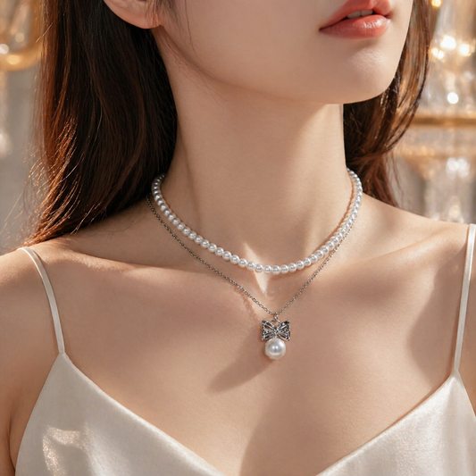 Layered Pearl Bow Necklace