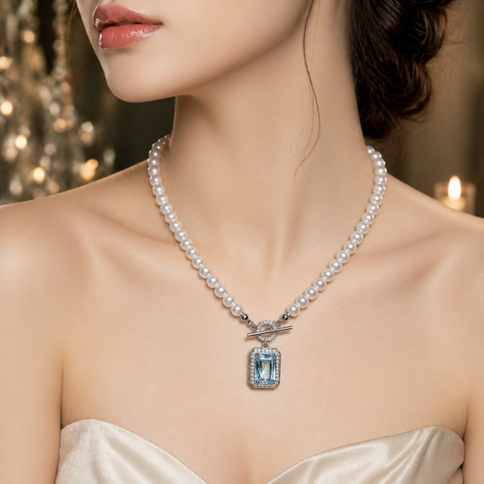 Soft Blue Gem Pearl Necklace