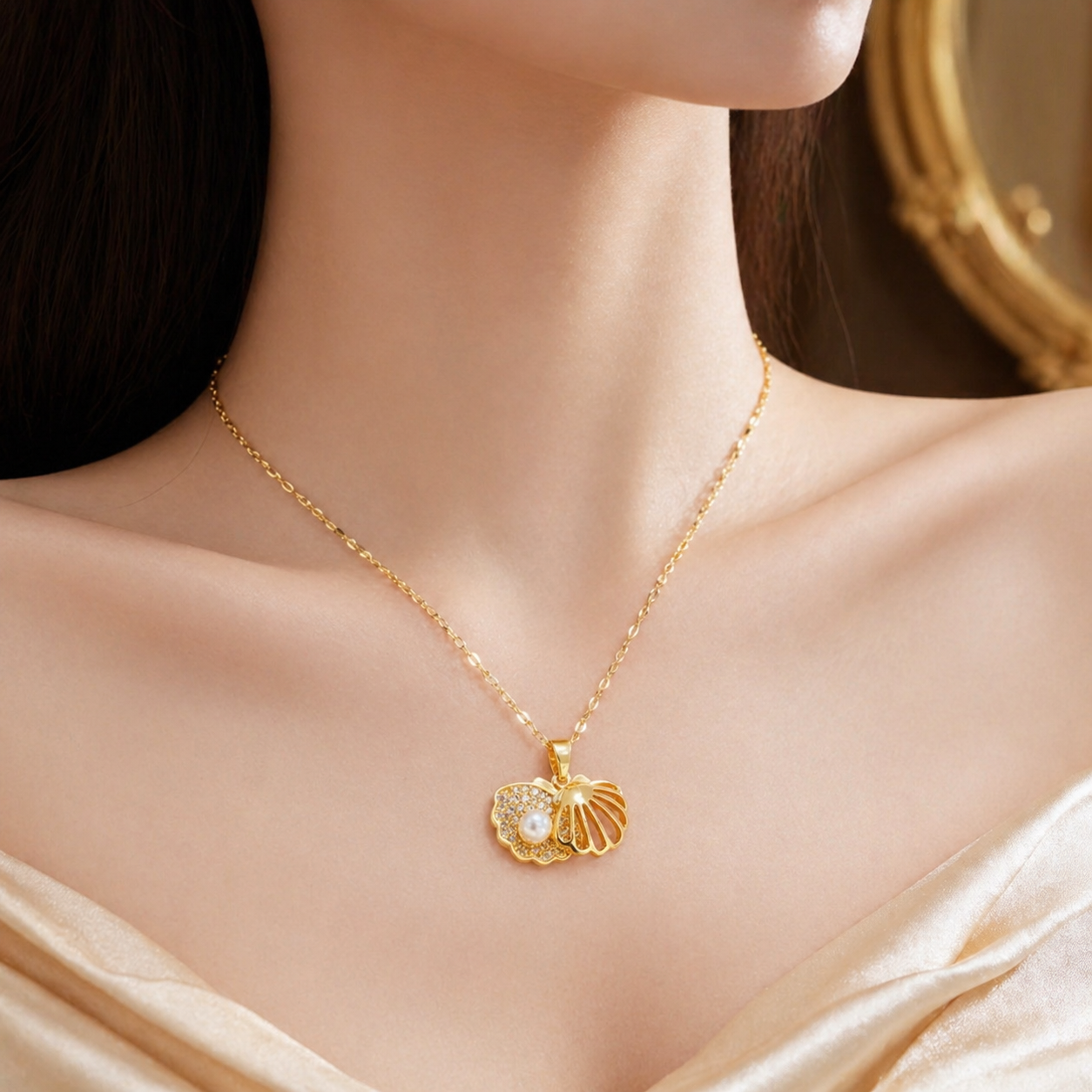Golden Shell Pearl Charm Necklace
