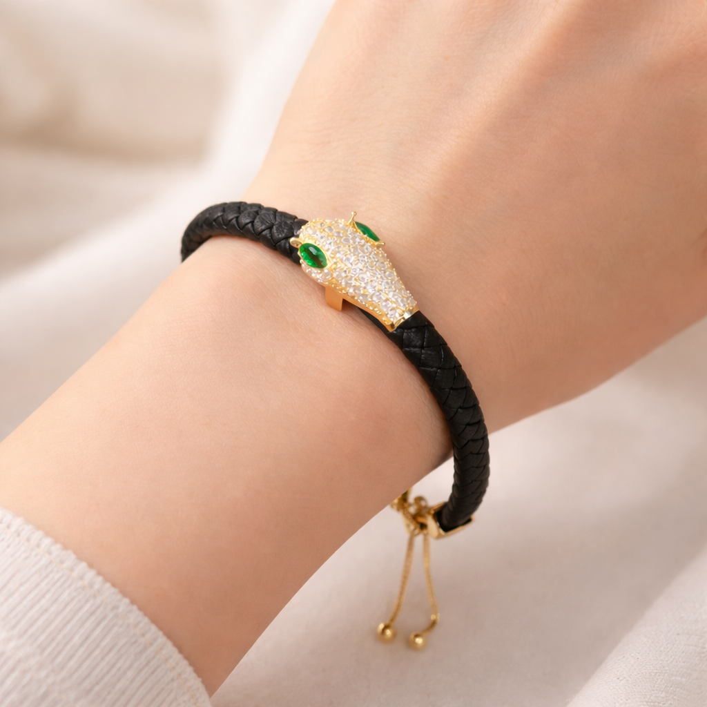 Zircon Snake Head Leather  Bracelet
