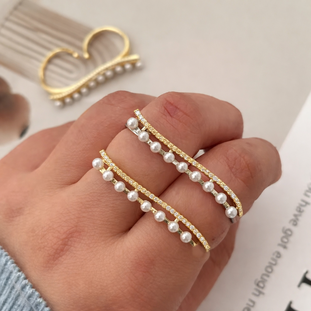 CZ Pearl Line Double-Finger Ring