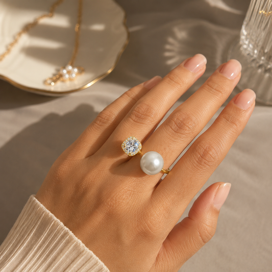 Pearl & Crystal Open Ring
