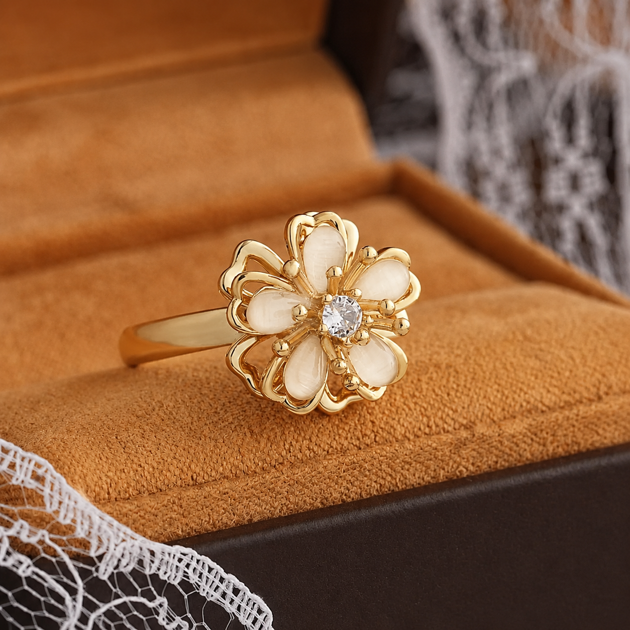 White Flower Rotating Ring