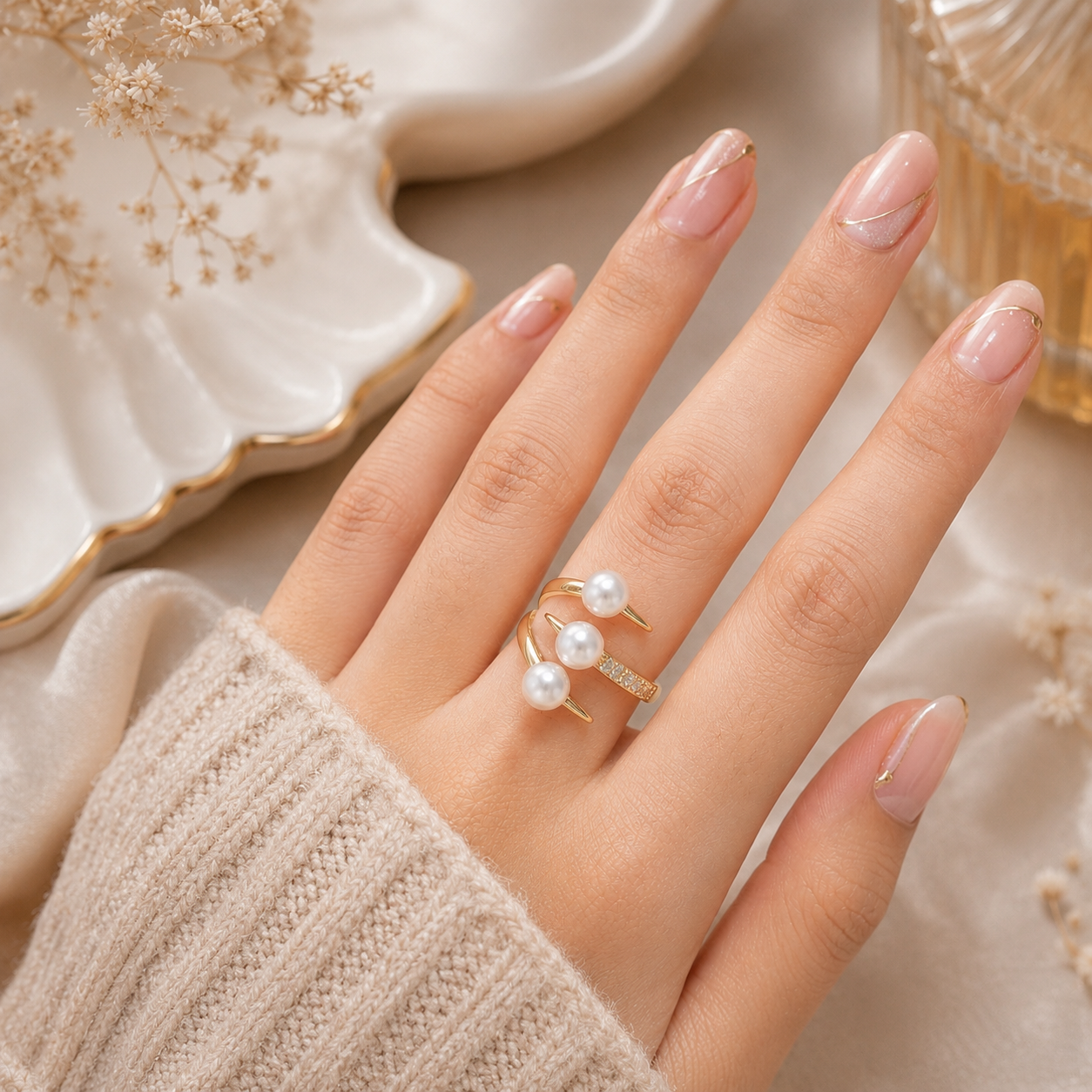 Gold Triple Pearl Open Ring