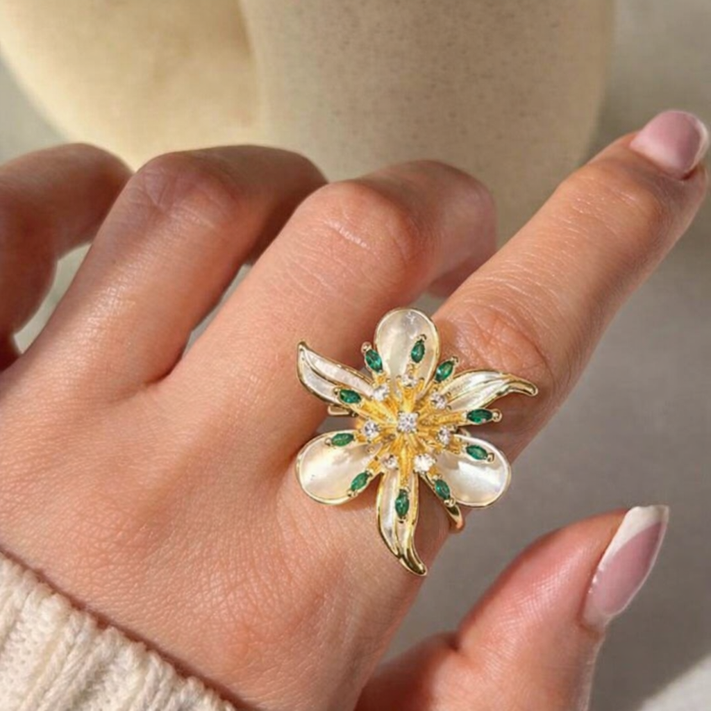 Golden Bloom Crystal Flower Ring