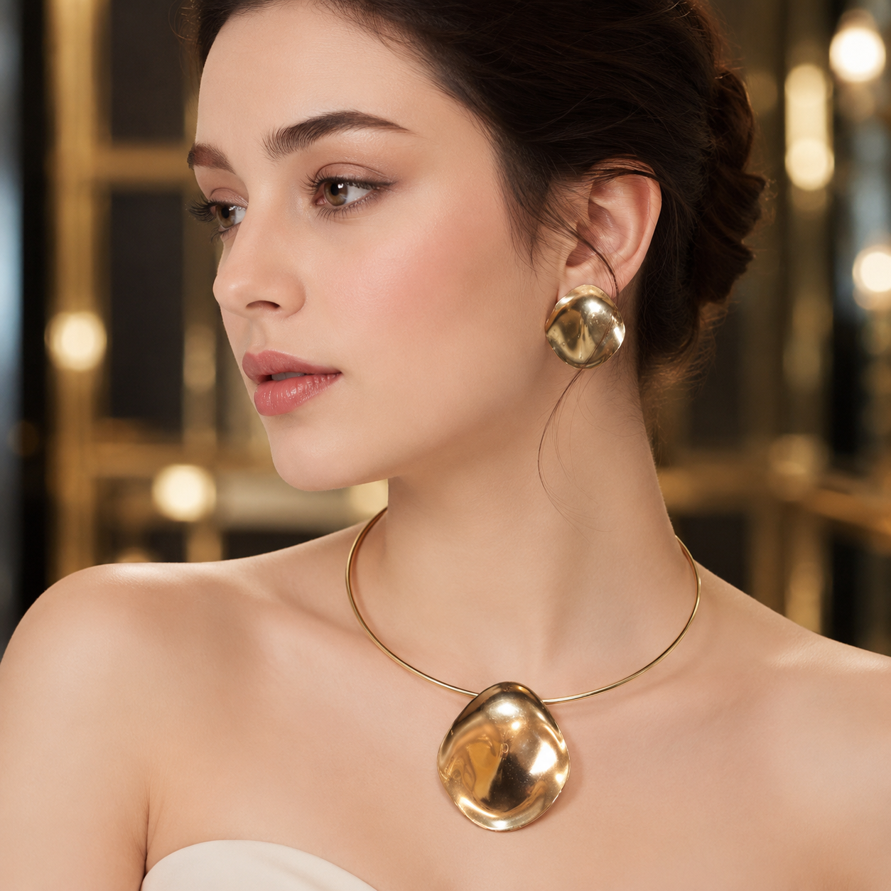 Gold Pebble Necklace & Earring Set
