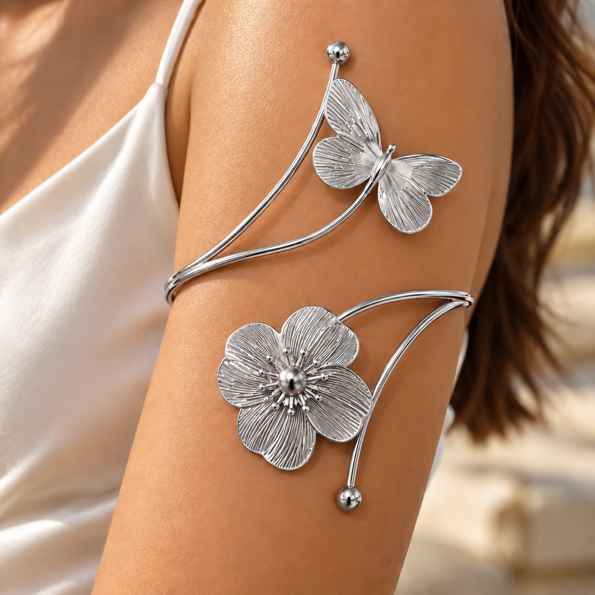 Silver Butterfly & Flower Arm Cuff