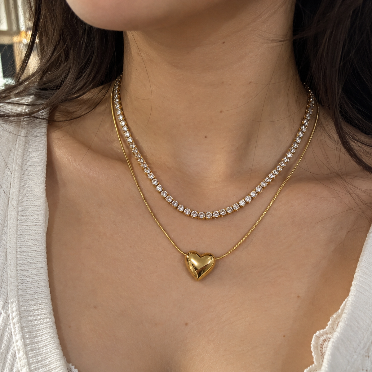 Double Layer Heart Gem Necklace