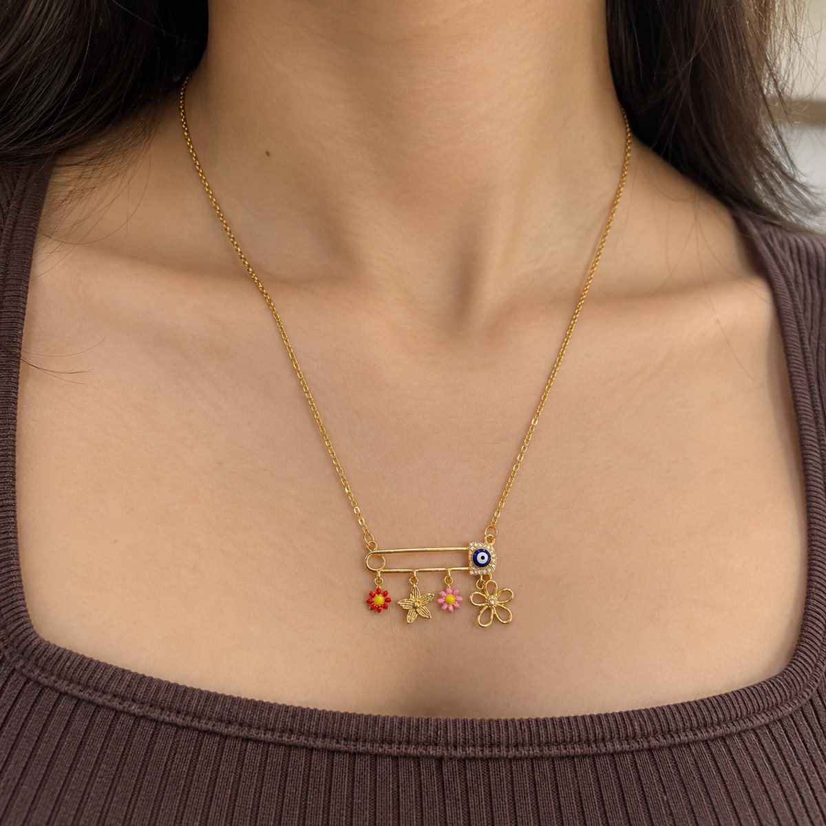 Evil Eye Flower Charm Necklace