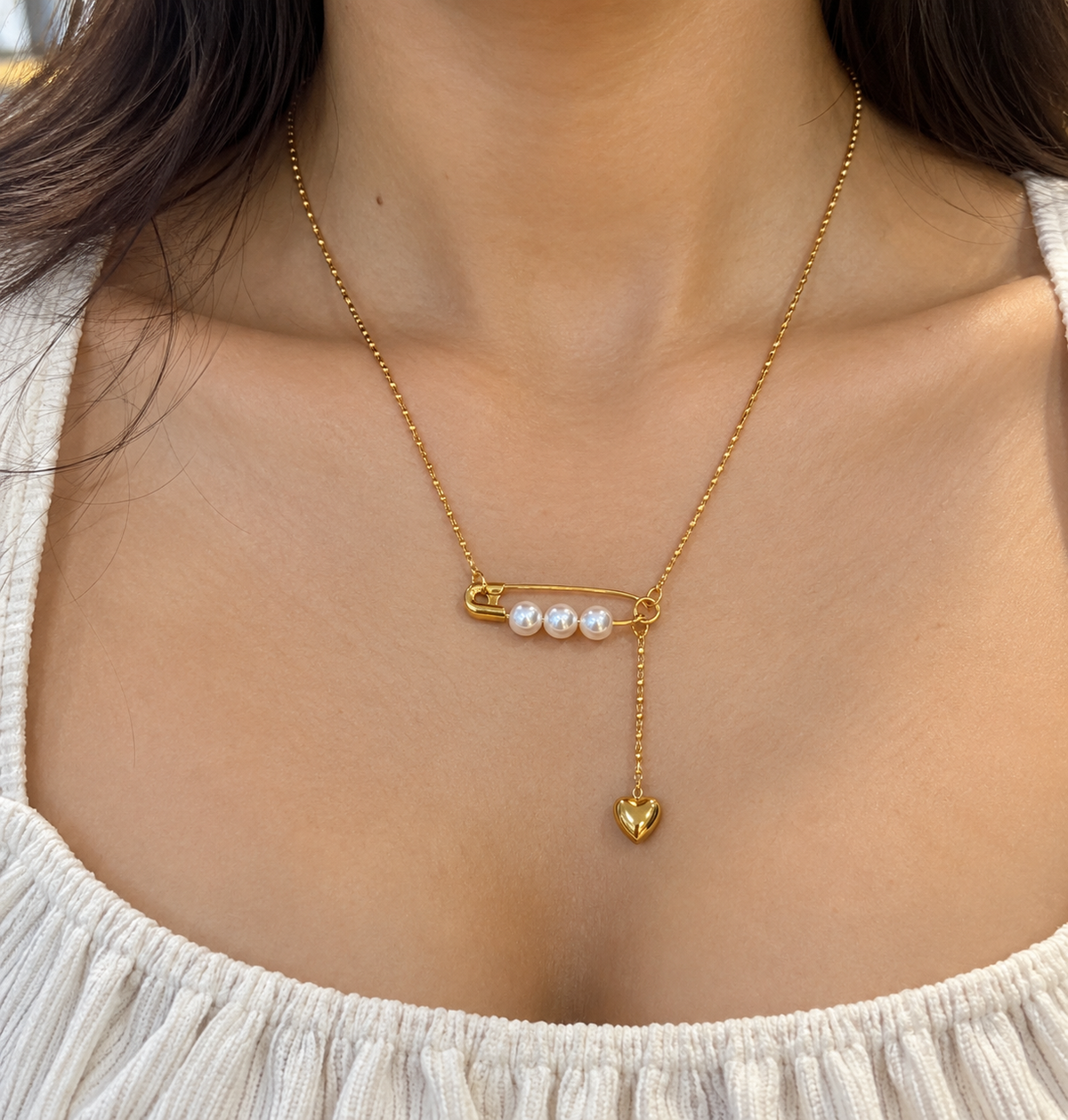 Pearl Safety Pin Heart Necklace