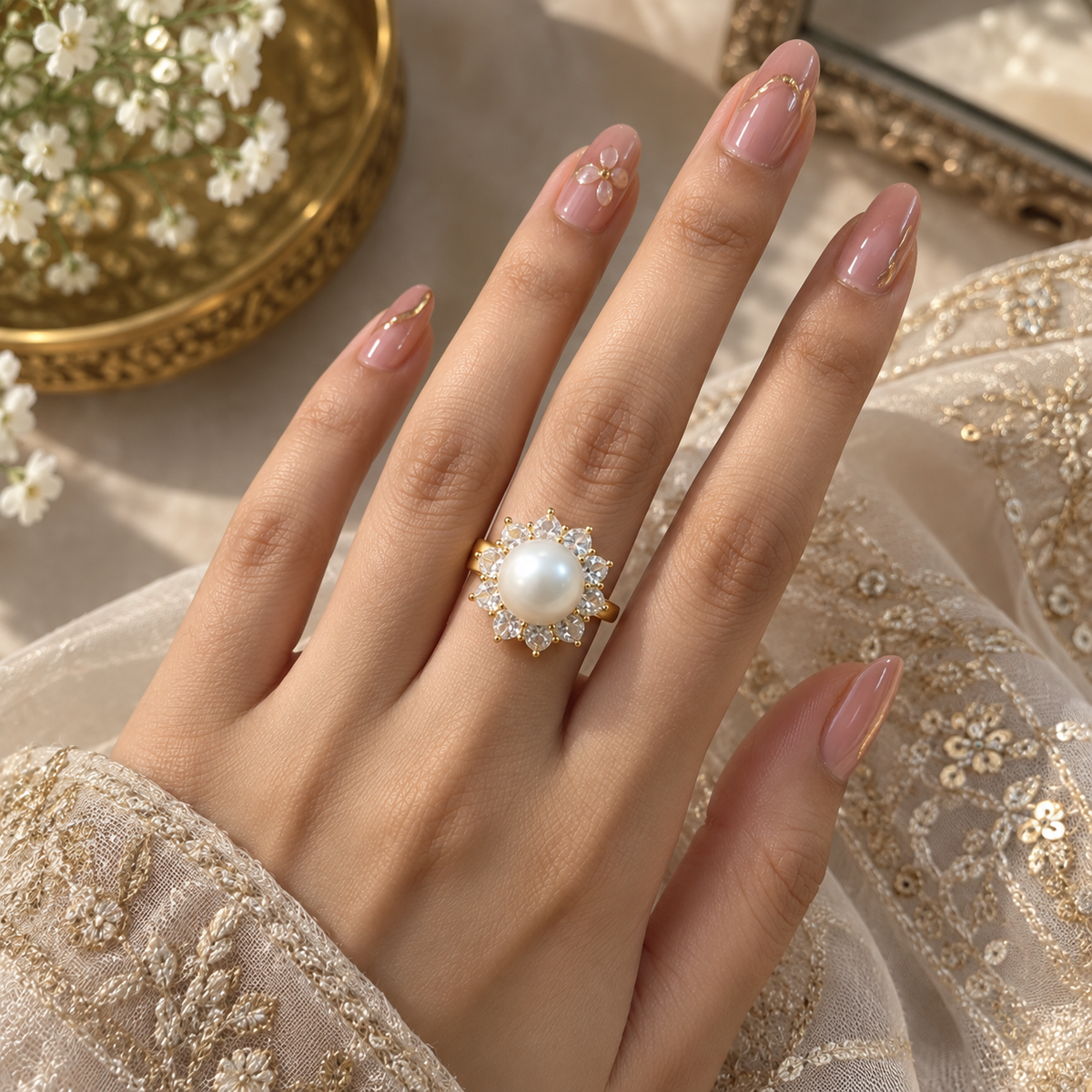 Round Pearl Crystal Ring