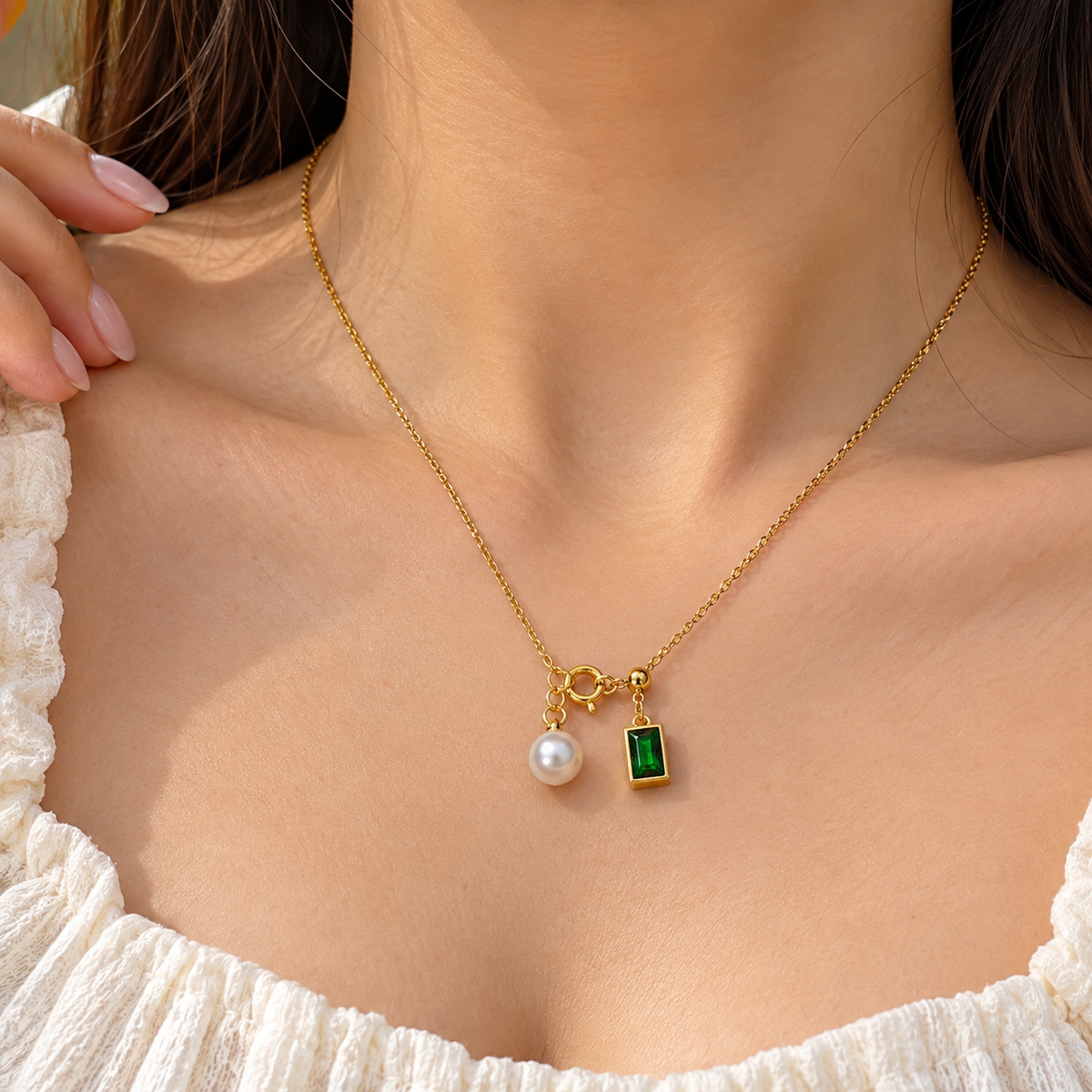 Pearl Green Crystal Bar Necklace