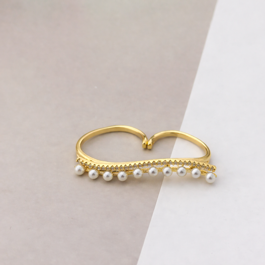 CZ Pearl Line Double-Finger Ring