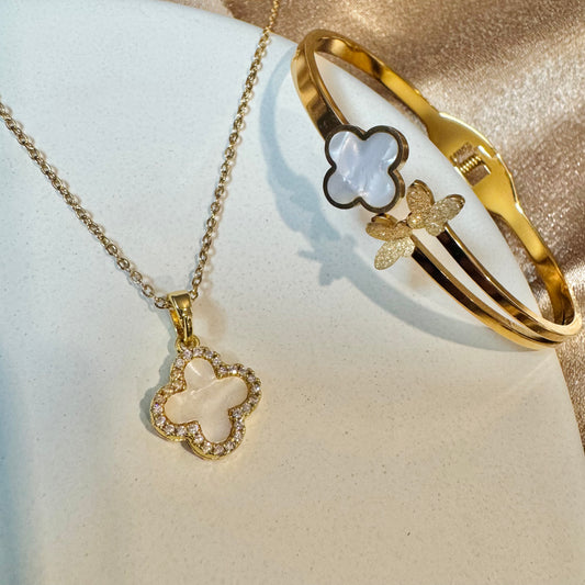 White Clover Combo | Pendant Necklace + Kada | Anti-Tarnish