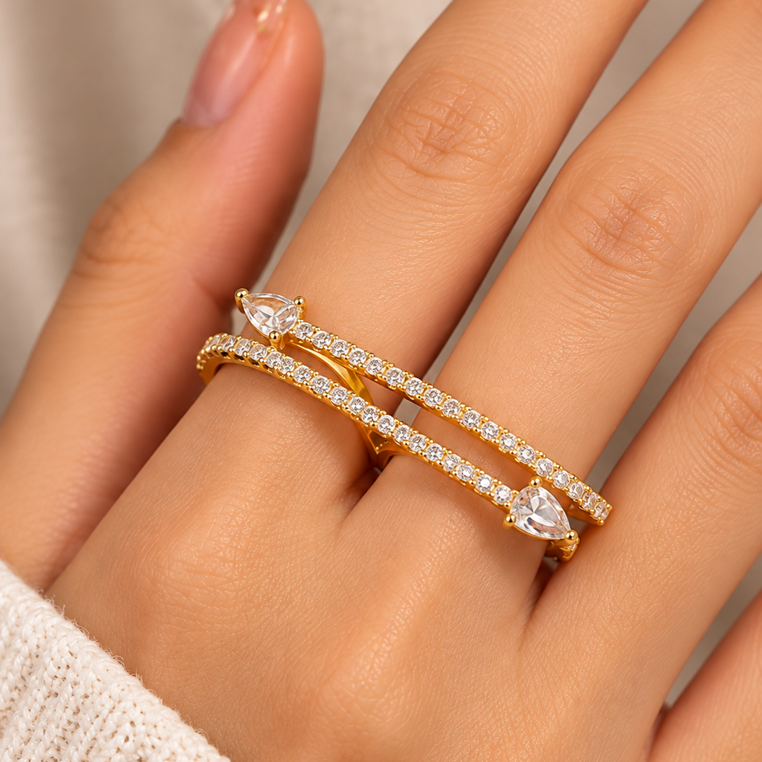 Crystal Bar Double Finger Ring