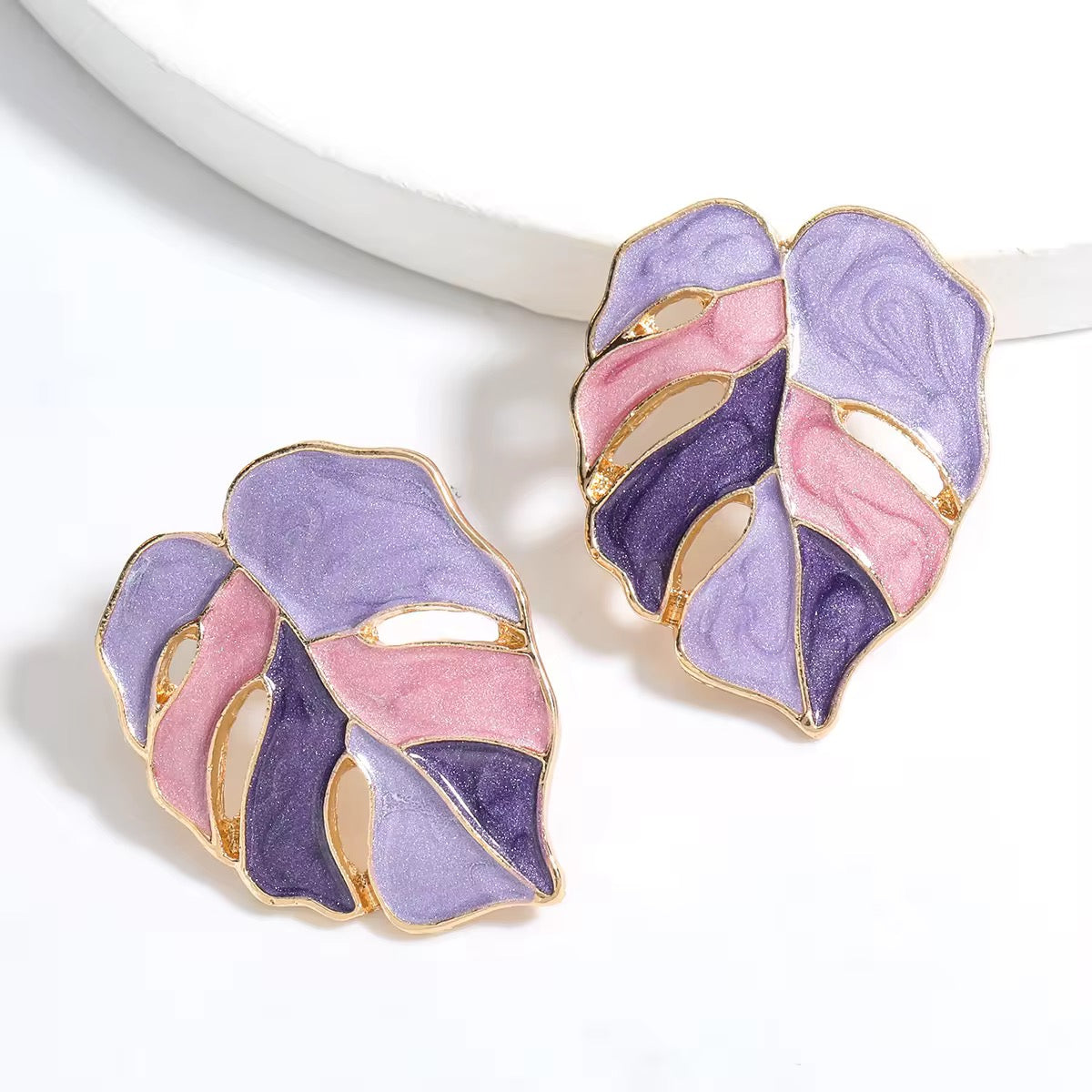 Purple Leaf-Shaped Enamel Earrings - O31