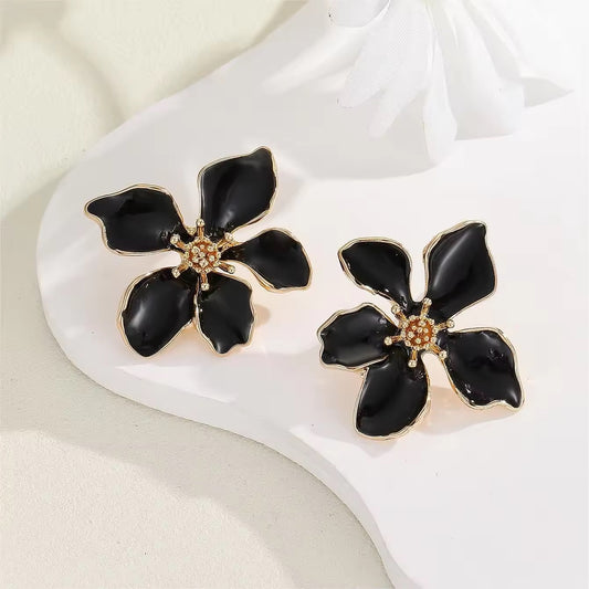 Black Enamel Flower Earrings - O33