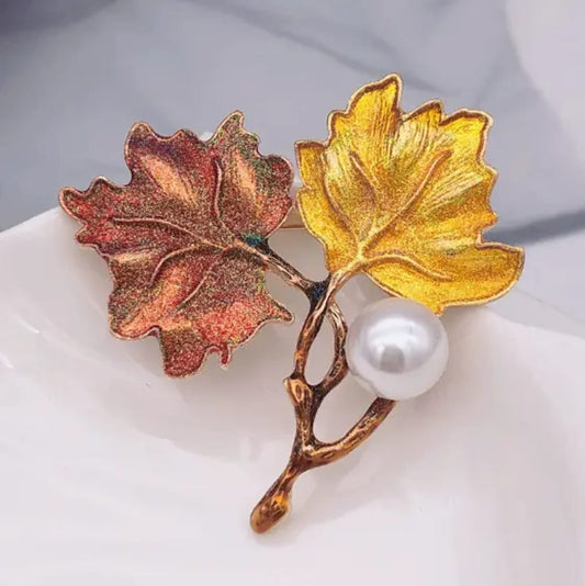 Golden Leaf Pearl Brooch