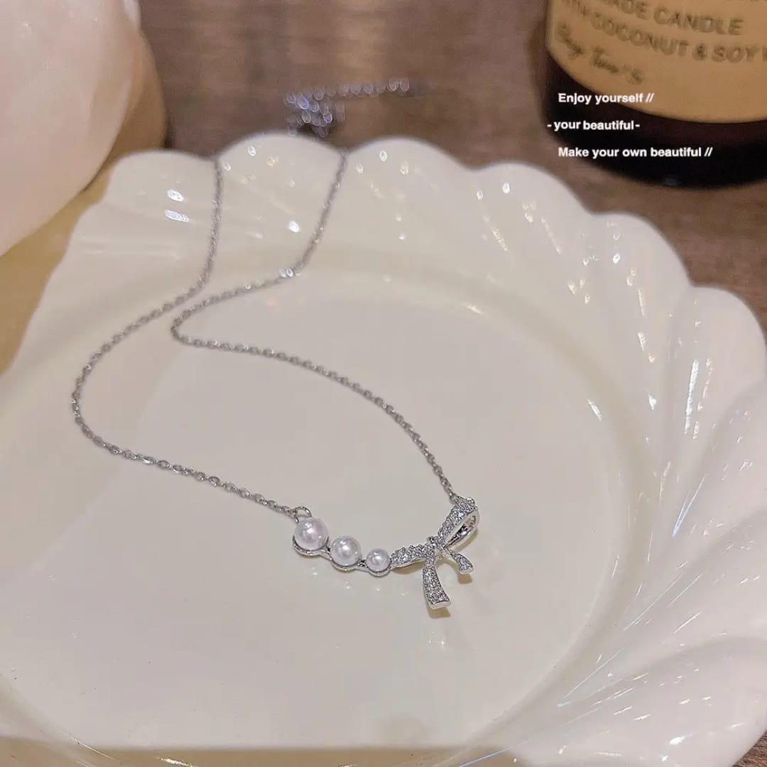 Pearl Bow Charm Necklace
