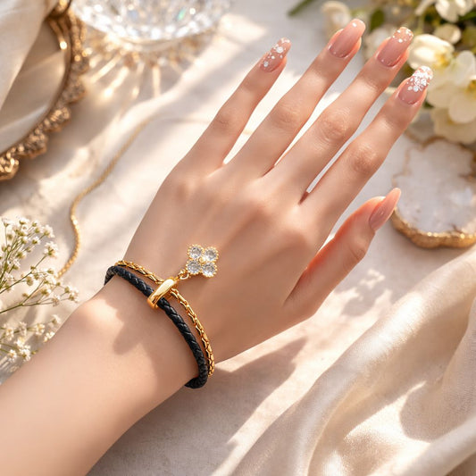 Black Braided Flower Charm Bracelet