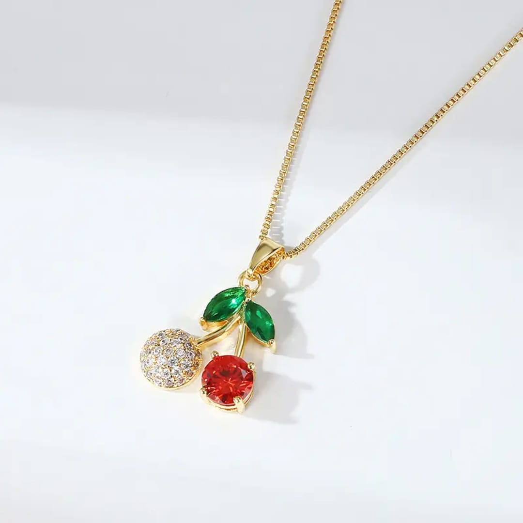 Cherry Crystal Gold Pendant Necklace