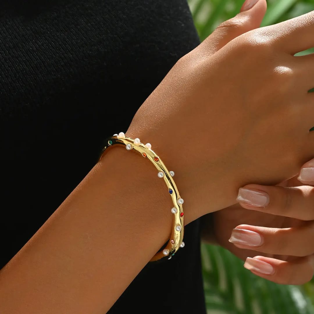 Multicolor Crystal & Pearl Gold Kada