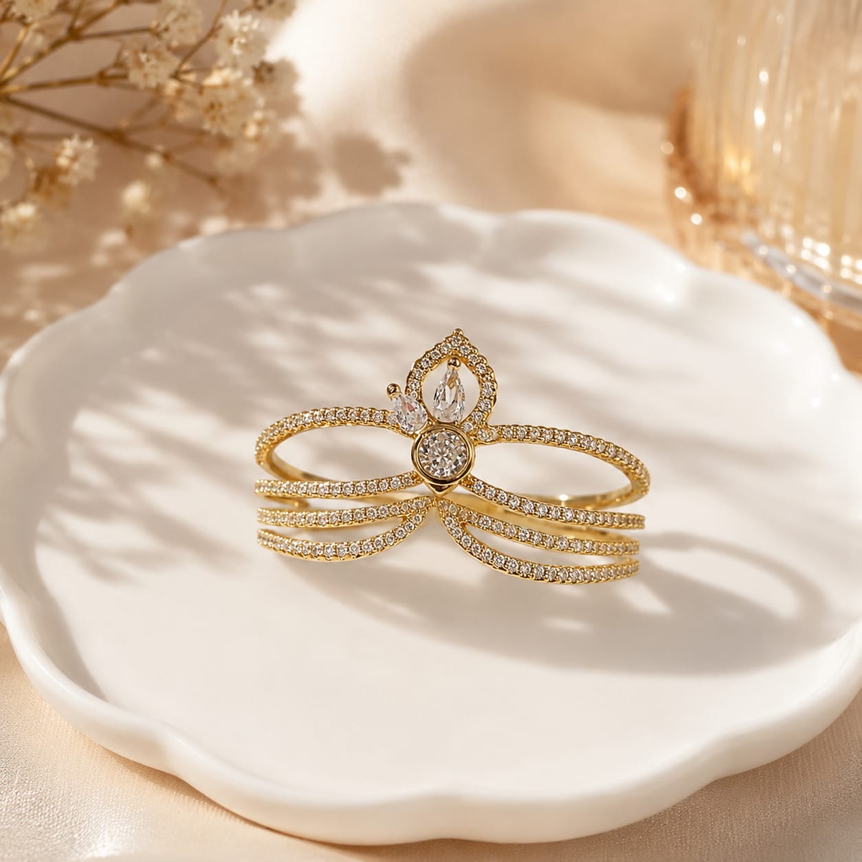 Gold Crystal Double Finger Ring