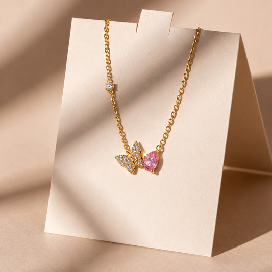 Butterfly Pink Crystal Necklace (18K Gold Plated)