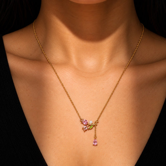 Floral Pink Crystal Necklace (18K Gold Plated)
